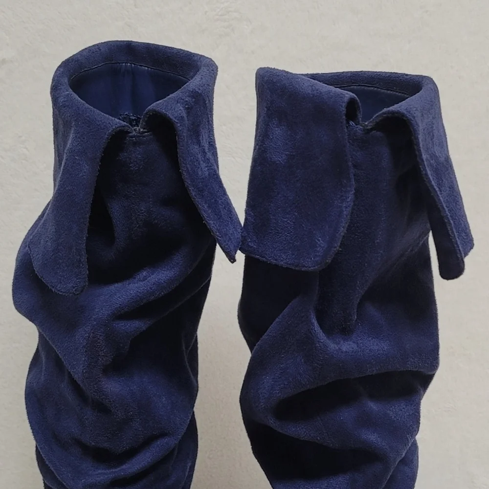 90s Vintage Skechers Blue Faux Suede Cuffed Tapered Heel Knee High Slouch Boots